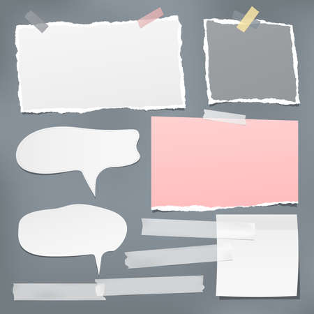 Torn white note, notebook paper pieces, speech bubbles and sticky adhesive tape stuck on dark background. Vector illustrationのイラスト素材