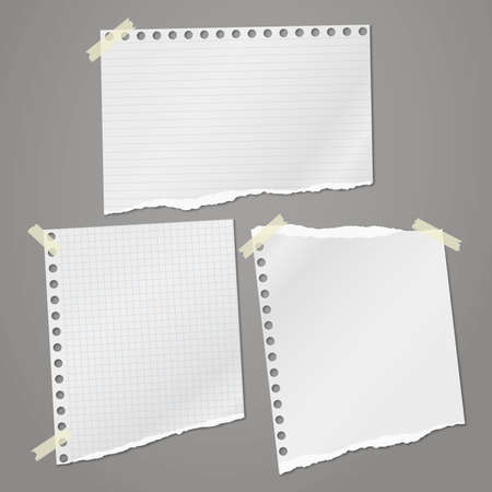 Torn white, squared and lined note, notebook paper pieces stuck with sticky tape on dark grey background. Vector illustrationのイラスト素材