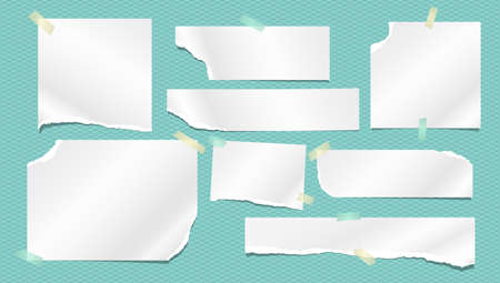 Set of torn white note, notebook paper strips and pieces stuck with sticky tape on turquoise background. Vector illustrationのイラスト素材