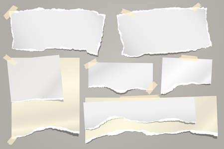 Set of torn white and yellow note, notebook paper strips and pieces stuck with sticky tape on grey background. Vector illustrationのイラスト素材