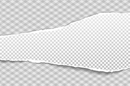 Piece of torn, white realistic horizontal paper strip with soft shadow is on squared background. Vector illustrationのイラスト素材