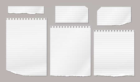 Set of torn white note, notebook strips, paper pieces with soft shadow stuck on brown background. Vector illustrationのイラスト素材