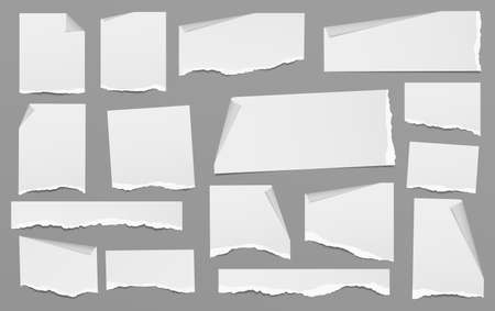 Set of torn white note, notebook paper strips and pieces with curled corner and soft shadow stuck on grey background. Vector illustration.のイラスト素材