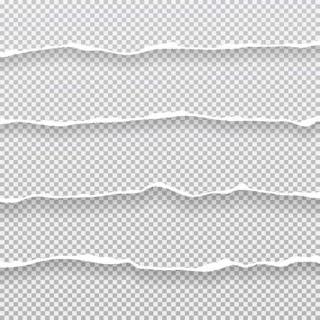 Pieces of torn, ripped horizontal white paper with soft shadow are on squared background for text. Vector illustrationのイラスト素材