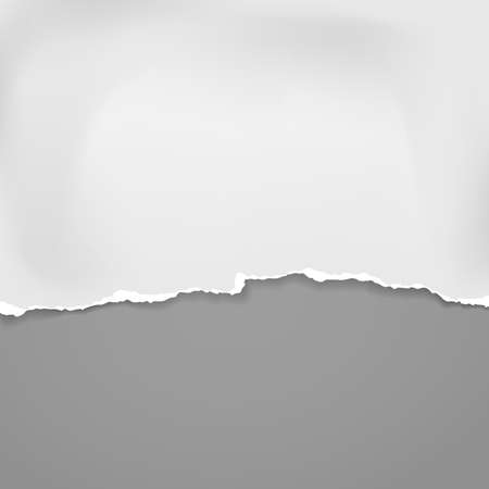 Piece of torn, ripped crumple white paper with soft shadow is on grey background for text. Vector illustration.のイラスト素材