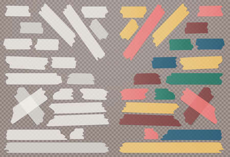 White and colorful different size adhesive, sticky, masking tape, paper pieces are on brown squared backgroundのイラスト素材