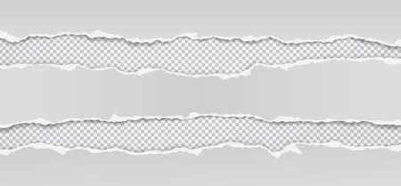 Torn, ripped pieces of horizontal white paper with soft shadow are on squared grey background for text. Vector illustrationのイラスト素材