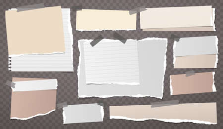 Torn white and brown note, notebook paper strips and pieces stuck with sticky tape on dark squared background. Vector illustration.のイラスト素材