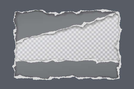 Pieces of torn, ripped grey paper frame with soft shadow are on white background for text. Vector illustrationのイラスト素材