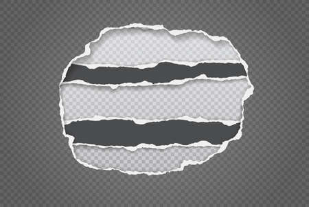 Pieces of torn, ripped round grey paper frame with soft shadow are on white squared background for text. Vector illustrationのイラスト素材