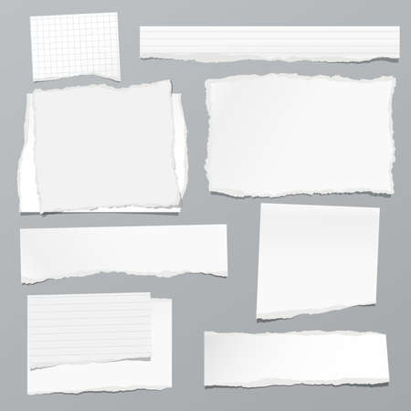 Torn of white note, notebook paper strips and pieces stuck on grey background. Vector illustration