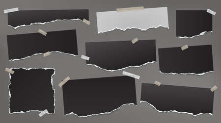 Torn of white and colorful note, notebook paper strips and pieces stuck with sticky tape on dark grey background. Vector illustrationのイラスト素材