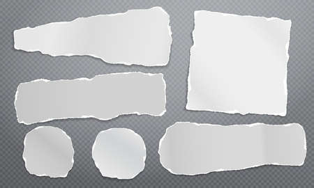 Set of torn white note, notebook blank paper pieces stuck on dark grey squared background. Vector illustrationのイラスト素材