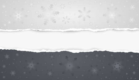 Piece of torn, ripped white and black paper with snowflakes pattern and soft shadow are on white background for text. Vector illustrationのイラスト素材