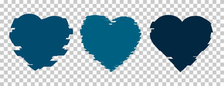 Set of blue grunge heart shapes, Icons. Love Symbol are on transparent, squared background Vector illustrationのイラスト素材