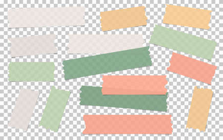 Set of white and colorful different size adhesive, sticky, masking, duct tape, paper pieces are on squared transparent backgroundのイラスト素材