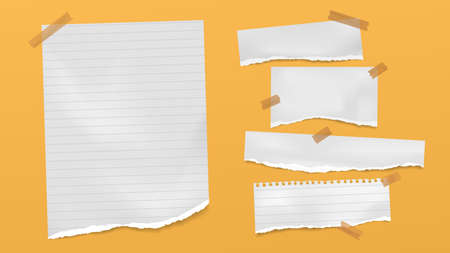 Set of torn of white, gray and colorful note, notebook paper strips and pieces stuck on black and gray background. Vector illustrationのイラスト素材