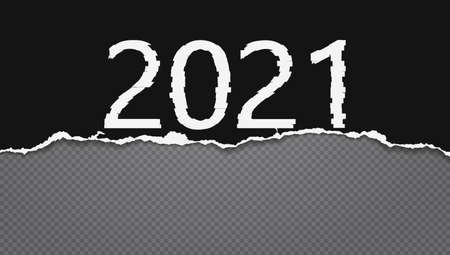 2021 new year. White and black glitch numbers are on torn paper. Vector illustrationのイラスト素材