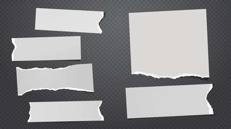 Set of torn white note, notebook paper pieces stuck on black squared background. Vector illustrationのイラスト素材