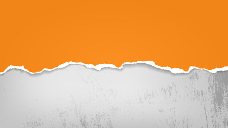 Piece of torn, ripped orange paper with soft shadow is on grey stained background for text. Vector illustrationのイラスト素材