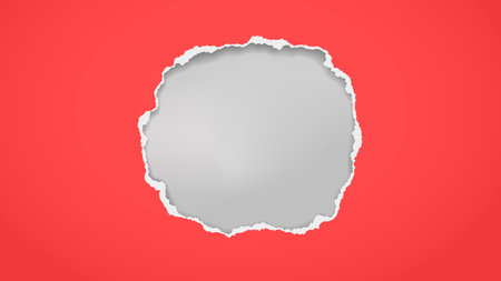 Round hole composition in red paper with torn edges and soft shadow is on grey background. Vector illustrationのイラスト素材