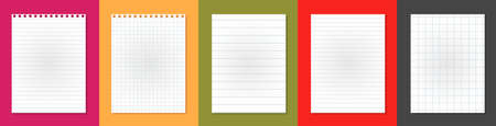 Set of lined, squared white note, notebook paper stuck on colorful background. Vector illustrationのイラスト素材