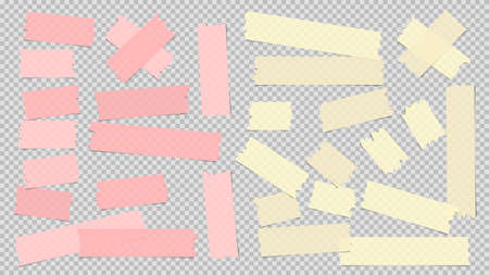 Yellow and pink different size adhesive, sticky, masking, duct tape, paper pieces are on grey transparent, squared backgroundのイラスト素材