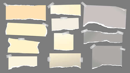 Set of torn yellow, grey note, notebook paper pieces stuck on dark grey background. Vector illustrationのイラスト素材