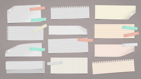 Set of torn yellow, white note, notebook paper pieces with sticky tape stuck on dark grey background. Vector illustrationのイラスト素材