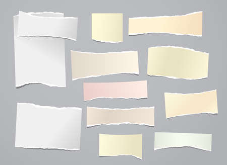 White and yellow torn note, notebook paper stripes are on grey background for text, advertising or design. Vector illustration