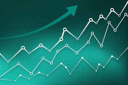 Financial candles uptrend stock chart, with indicators are on turquoise background. Bull market.の写真素材