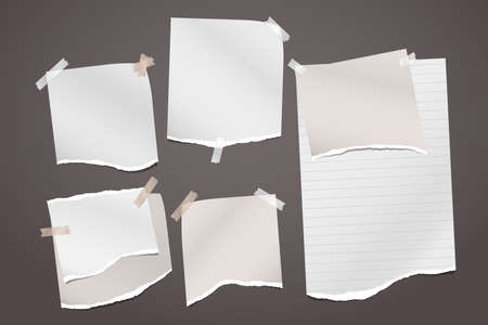 Torn of white and brown note, notebook paper strips and pieces stuck with sticky tape on dark grey background. Vector illustrationのイラスト素材