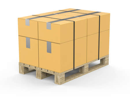 Europallet with packed boxes tied with ribbon. Packing on a wooden pallet on a white background. 3d...