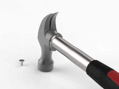 Hammer and nails. Carpenter hammer isolated icon. 3D rendering.の写真素材