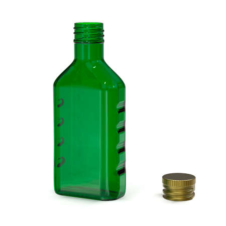 Bottle of green glass. Bottle of unusual shape. Empty bottle with stopper. 3D rendering.の写真素材