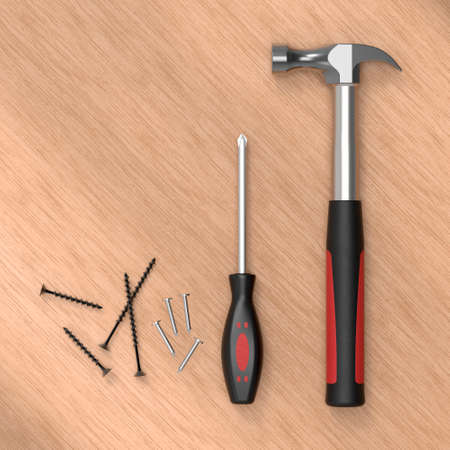 Hammer with screwdriver and set of screws. Tool set for repair. 3D rendering.の写真素材
