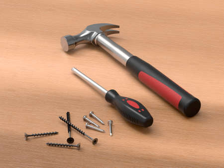 Hammer with screwdriver and set of screws. Tool set for repair. 3D rendering.の写真素材