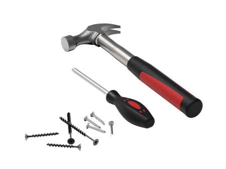 Set for home repair. Hammer, screwdriver with set of fasteners. 3d rendering.の写真素材