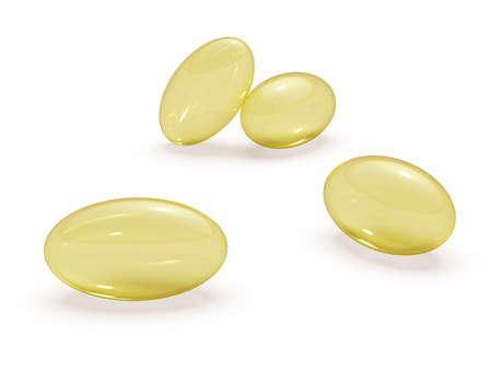Transparent capsules. Capsules with vitamins. Fish fat. Vitamin E. 3D renderingの写真素材