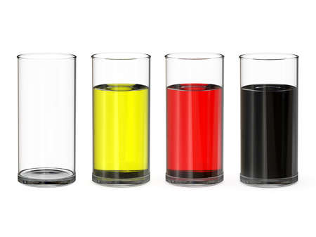 Set glass glasses with drinks on white background, 3D renderingの写真素材