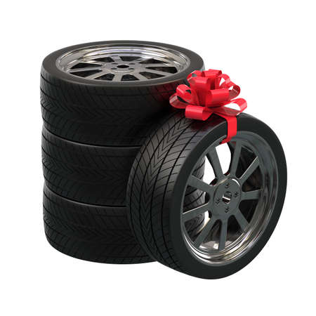 Automobile wheels as a gift. Wheels tied with a gift ribbon. 3D illustrationの写真素材