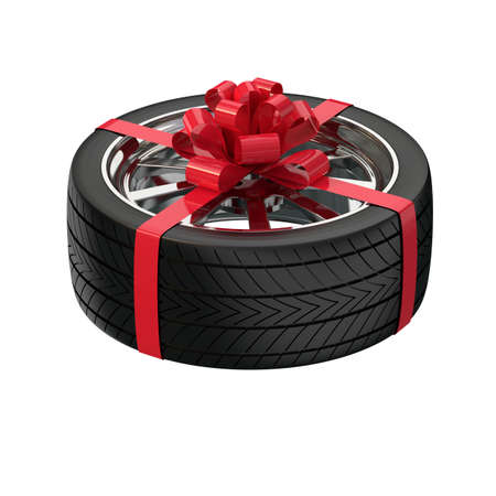 Automobile wheels as a gift. Wheels tied with a gift ribbon. 3D illustrationの写真素材