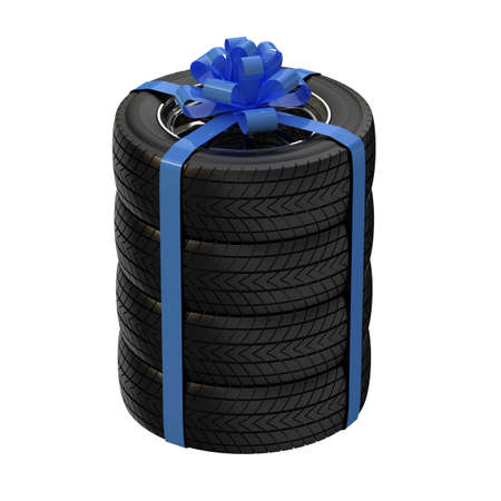 Automobile wheels as a gift. Wheels tied with a gift ribbon. 3D illustrationの写真素材