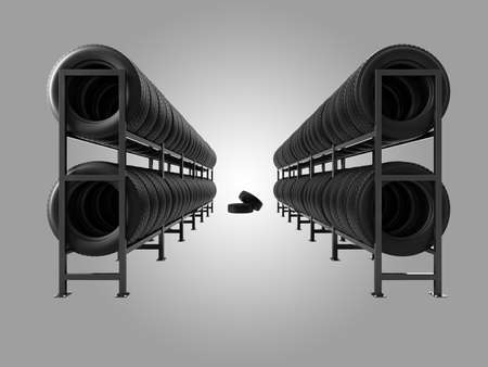 Car tires on rack. Car tires on rack. 3d illustration.の写真素材