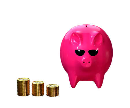 Pig businessman collecting money. Piggy bank and stack of coins. 3D illustration