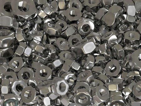 Set of scattered nuts. Threaded nuts close up. 3D rendering.
