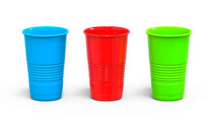 Set of multi-colored plastic disposable cups. 3D renderingの写真素材