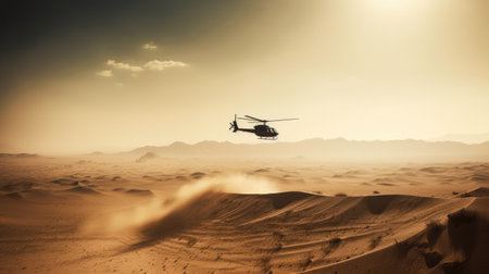 A military chopper flying low over a desert landscape, kicking up a plume of dust, the harsh sun casting long shadows, the rugged terrain stretching out to the horizonの素材