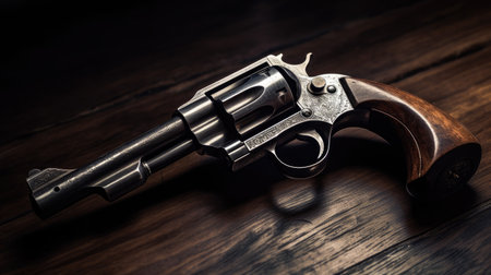 A vintage revolver lying on a weathered wooden table, the gun's metal gleaming in the dim lightの素材