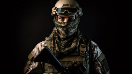 Army soldier in combat uniforms with assault rifle, plate carrier and combat helmet, with a Shemagh Kufiya scarf on his neck against a dark backgroundの素材